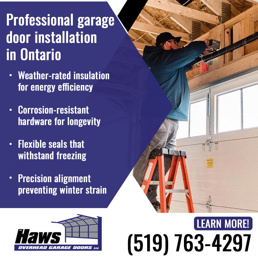 A garage door technician standing on a ladder and adjusting the hardware, motor, and torsion spring assembly of a newly installed white garage door inside a garage with exposed wooden rafters.