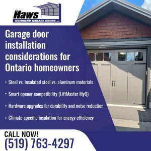 Newly installed residential garage door on an Ontario home highlighting material and insulation options.