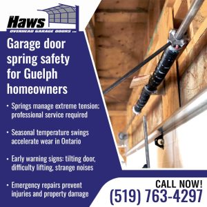 Close-up of garage door torsion spring system highlighting spring safety and tension risks