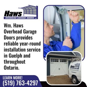 Advertisement for Haws Overhead Garage Doors featuring a smiling technician and a white garage door.