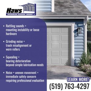 Advertisement from Haws Overhead Garage Doors listing common garage door noises and their potential causes.