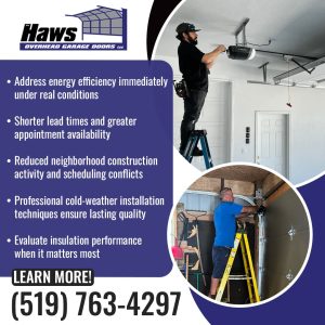 Advertisement for Haws Overhead Garage Doors highlighting winter installation benefits, featuring a technician working on a garage door.
