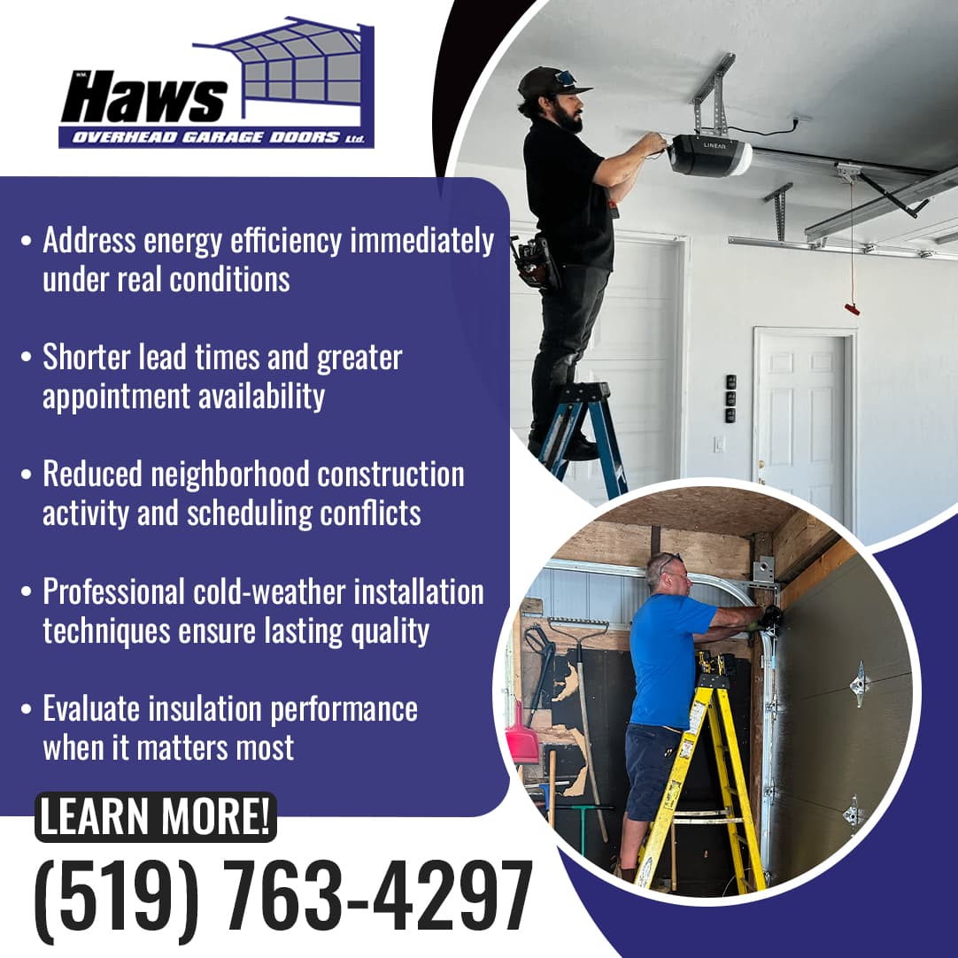 Advertisement for Haws Overhead Garage Doors highlighting winter installation benefits, featuring a technician working on a garage door.