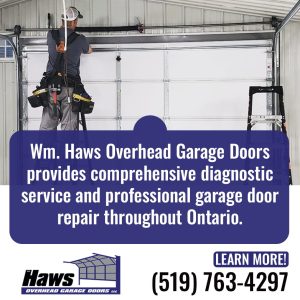 Advertisement for Haws Overhead Garage Doors highlighting winter installation benefits, featuring a technician working on a garage door.