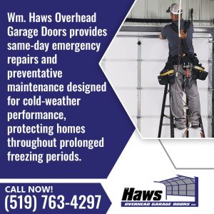 Technician performing garage door maintenance on a ladder.