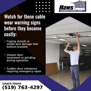 Technician inspecting a garage door opener and cables, highlighting signs of wear and imbalance during operation.