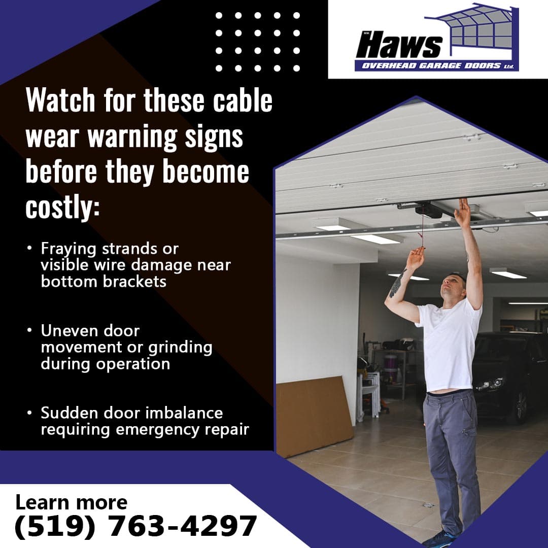 Technician inspecting a garage door opener and cables, highlighting signs of wear and imbalance during operation.