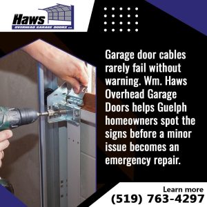 Technician inspecting a garage door opener and cables, highlighting signs of wear and imbalance during operation.