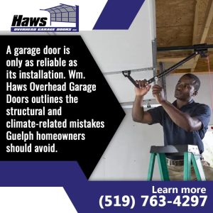 Technician on a ladder adjusting a garage door mechanism, highlighting proper installation and common mistakes to avoid.