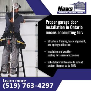 Technician on a ladder installing a garage door, highlighting structural alignment, insulation, and maintenance considerations.