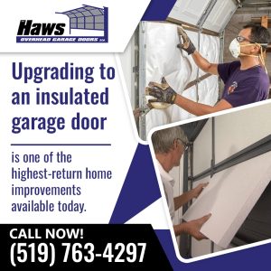 Technicians installing insulation panels inside a residential garage door to improve energy efficiency and comfort.
