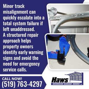 Close-up of garage door track alignment repair and technician handling garage door components