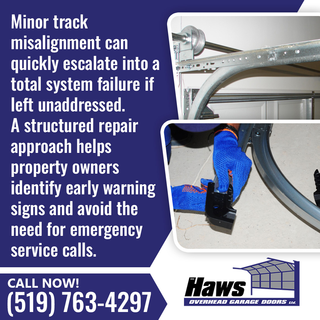 Close-up of garage door track alignment repair and technician handling garage door components