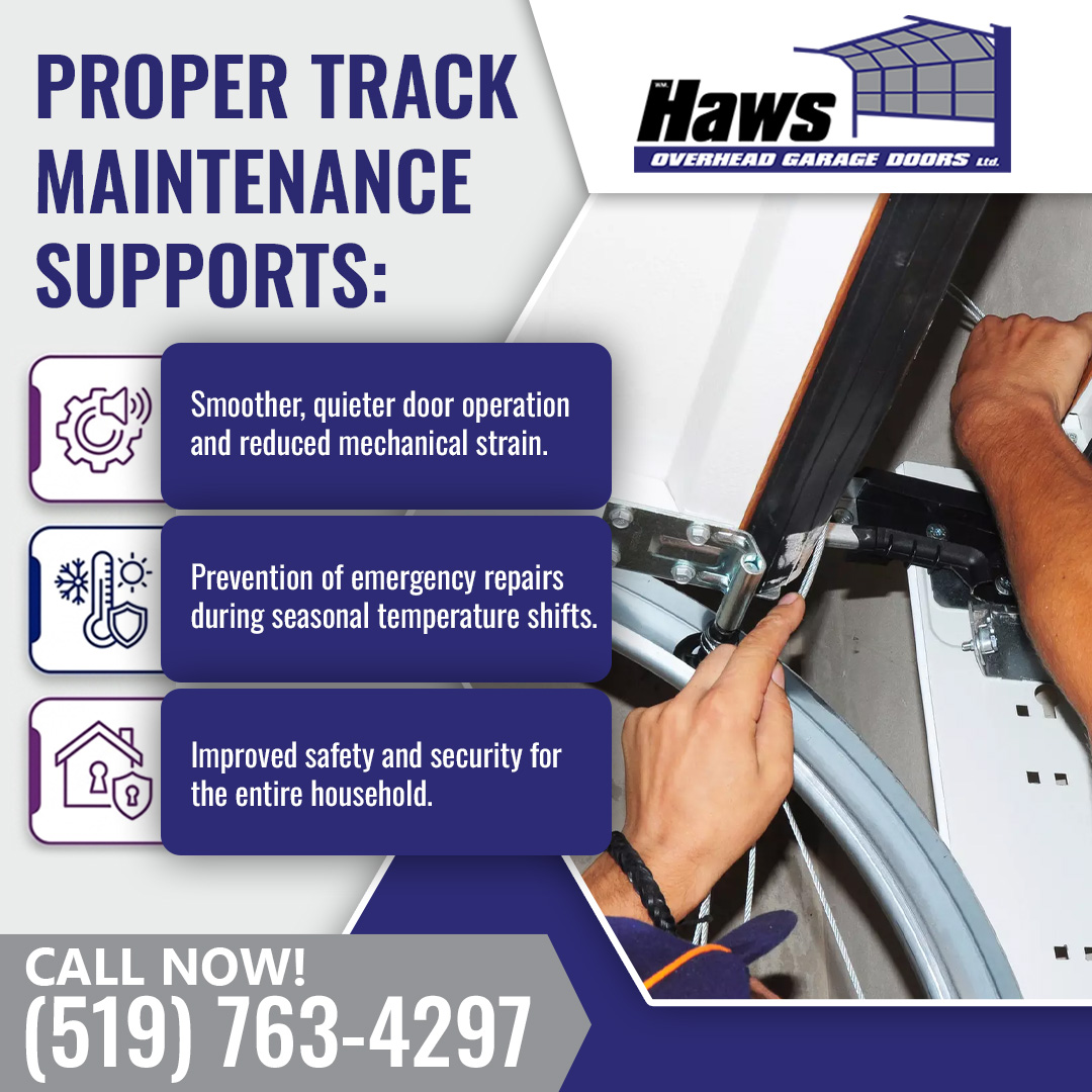 Technician performing garage door track maintenance and adjustment for smoother door operation