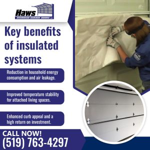Technician installing insulated panels on a garage door alongside a finished insulated garage door system.