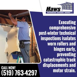 Garage door technician performing a maintenance inspection on a residential overhead door to check rollers, tracks, hinges, and opener components for safe, reliable performance.