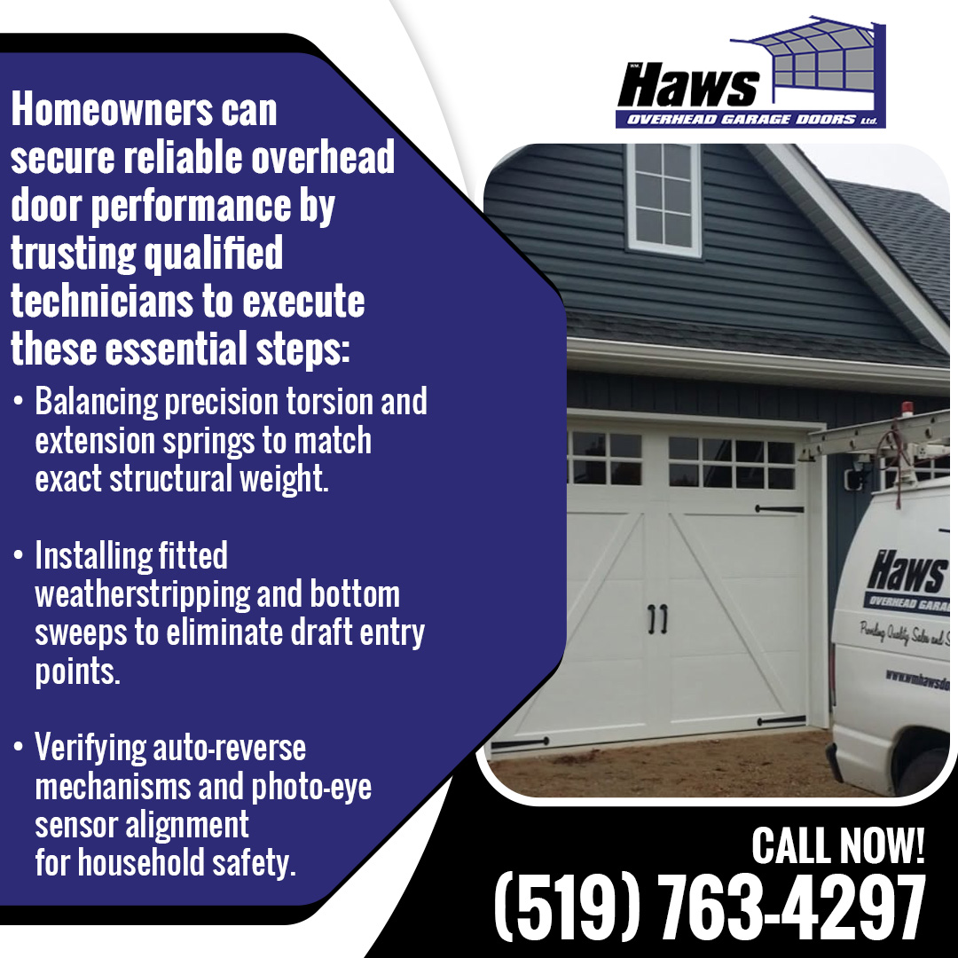 Residential garage door installed by professional technicians with balanced springs, weatherstripping, and safety sensor alignment for reliable, long-lasting operation.
