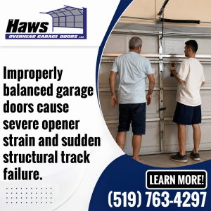 Two technicians inspecting and repairing the tracks and upper panels of an overhead residential garage door.