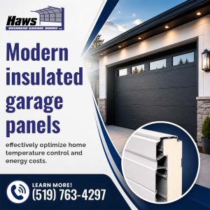 A dark charcoal modern insulated garage door with top windows installed on a home alongside a cross-section diagram showing inner door panel insulation.