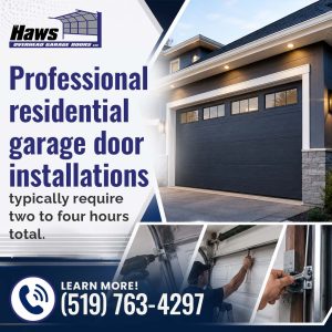 A newly installed dark gray residential garage door on a modern home above three split frames showing technicians assembling tracks and installing hardware.