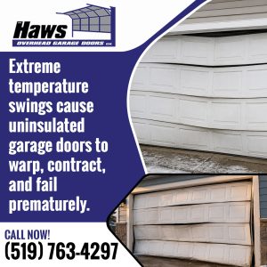 Split view of a damaged, severely buckled white panel garage door off its track in winter conditions.