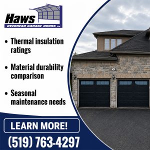 Modern stone exterior home featuring two dark black double garage doors with top window panels.