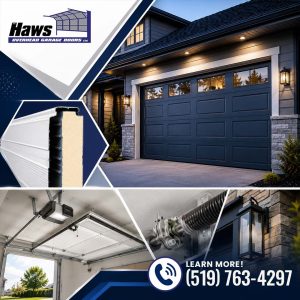 ark blue panel garage door with glass window inserts on a home exterior, accompanied by inset photos of an insulated panel cross-section, garage opener motor, torsion spring, and exterior sconce light.
