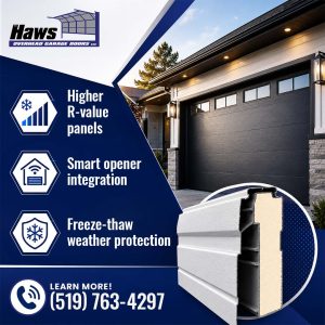 Modern dark residential garage door alongside key product benefits and a circular inset showing a cross-section of an insulated door panel core.