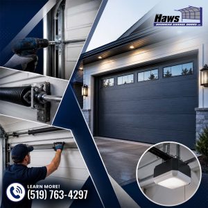 Exterior of a modern dark garage door with top window panels alongside insets showing a technician using a power drill, a torsion spring assembly, track installation, and an illuminated garage opener motor.