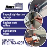 Three circular detail insets displaying overhead high-tension torsion springs, a hand replacing a garage door roller in a track hinge, and a technician installing bottom weather seal with a cordless drill.