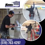 Garage door technician fastening sectional door hardware with a power drill, accompanied by two circular insets showing technicians on ladders installing and adjusting overhead torsion springs.